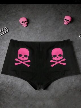 Black Women's Skull-Print Boyshorts with Pink Accents